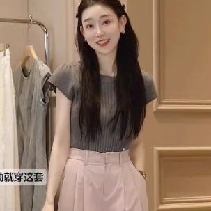 欧纪儿女装同款正肩灰色针织衫女春季冰丝薄款修身显瘦短袖上衣潮