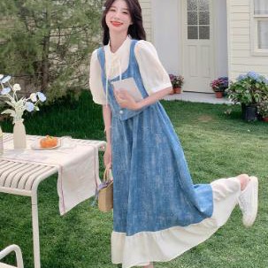 浅蓝色假两件扎染牛仔连衣裙女2025夏季法式小个子气质减龄a字裙