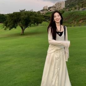 夏诗文 亚麻棉针织衫长袖深V领T恤女夏慵懒百搭宽松白色上衣罩衫