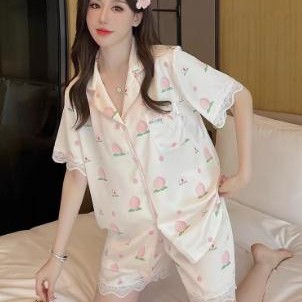 睡衣女夏季冰丝短袖长袖家居服夏天薄款三件套装蕾丝边甜美网红风