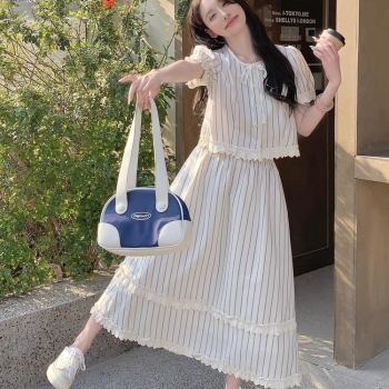 2025夏季新法式气质设计感蝴蝶结系带条纹上衣半身裙高级感两件套